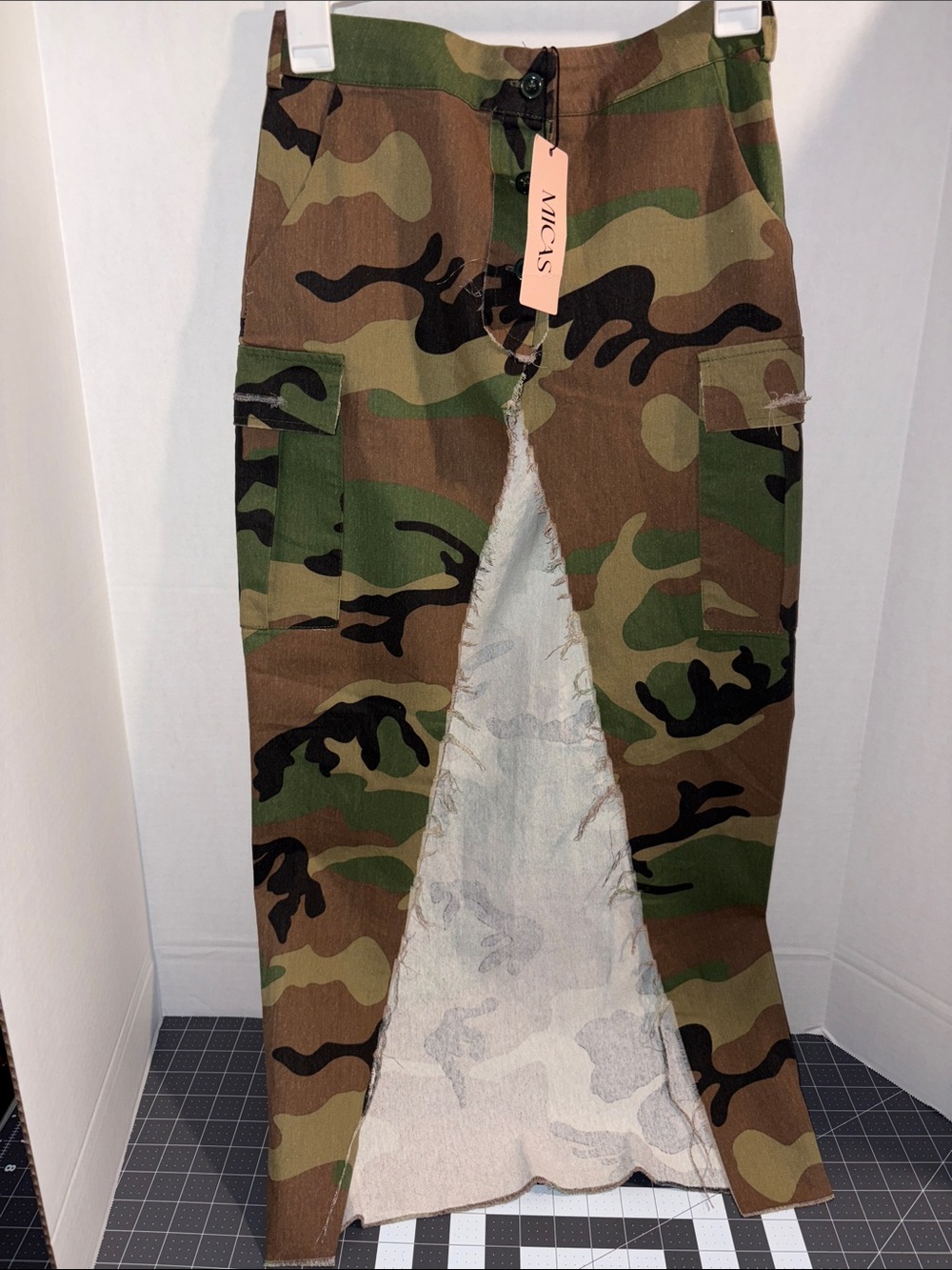 Camo Cargo Maxi Skirt with frayed Front Slirt Detail